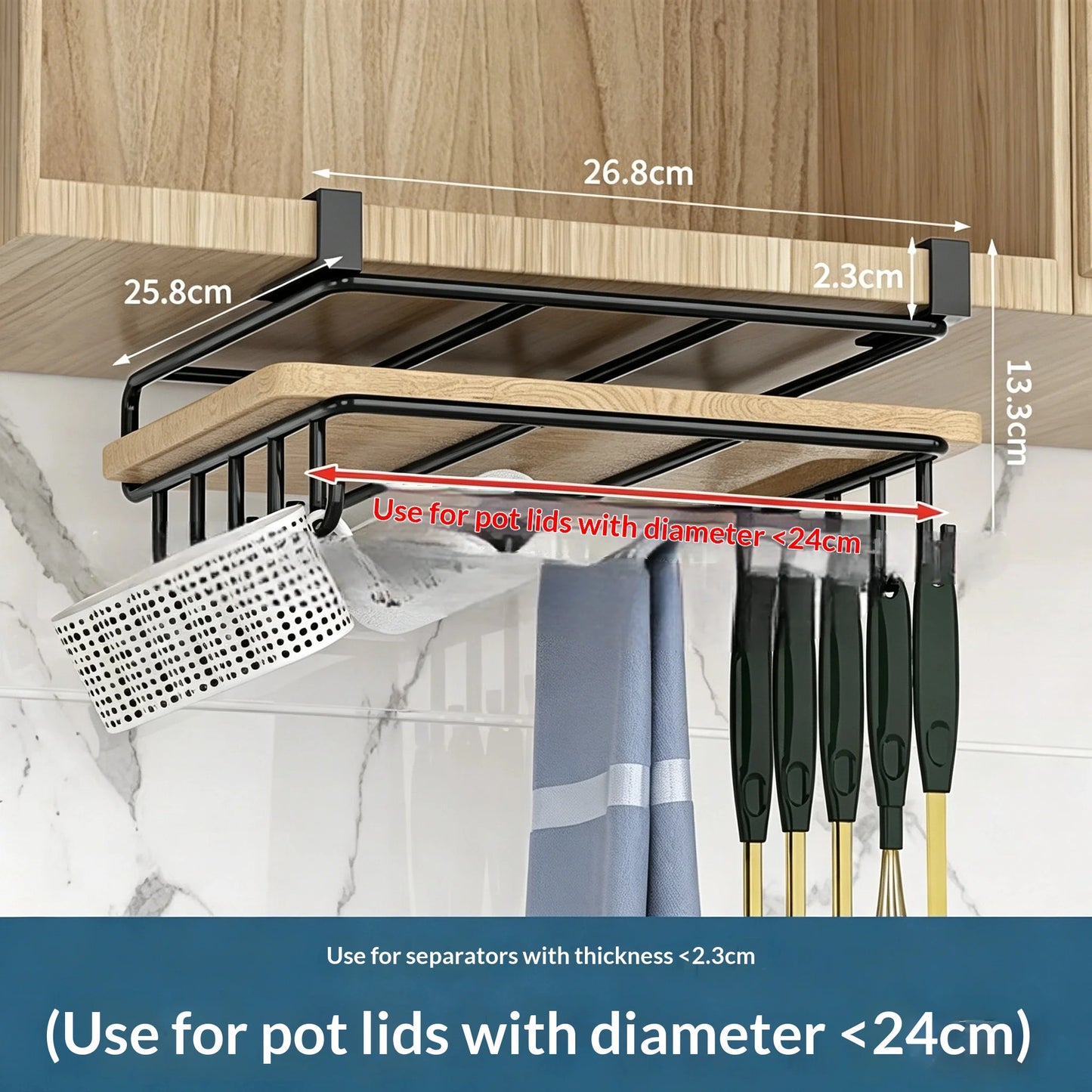 Kitchen Under Cabinet Hanging Organizer Rack with Hooks Multi Purpose Holder for Paper Towel Cutting Board Pot Lids