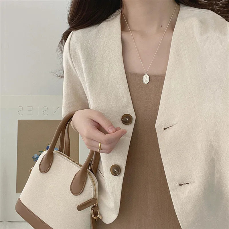 Korean Fashion Cotton Linen Short Jacket Women V-Neck Short Sleeve Office Ladies Blazer Korean Fashion Buttons Suit Jacket 2025