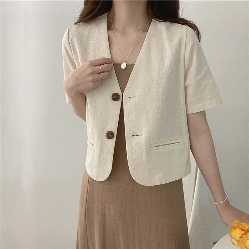Korean Fashion Cotton Linen Short Jacket Women V-Neck Short Sleeve Office Ladies Blazer Korean Fashion Buttons Suit Jacket 2025