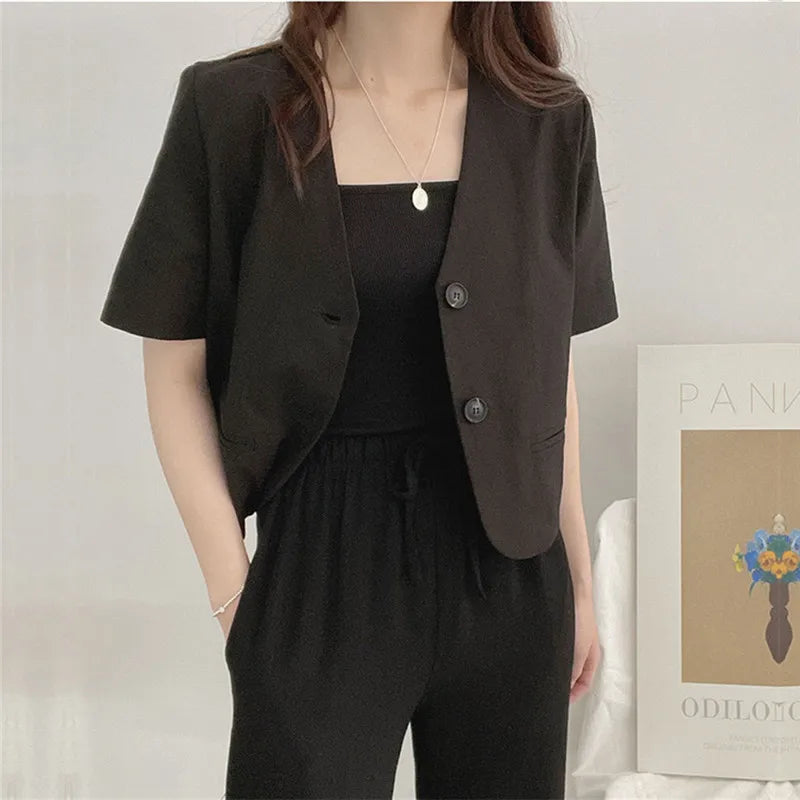 Korean Fashion Cotton Linen Short Jacket Women V-Neck Short Sleeve Office Ladies Blazer Korean Fashion Buttons Suit Jacket 2025