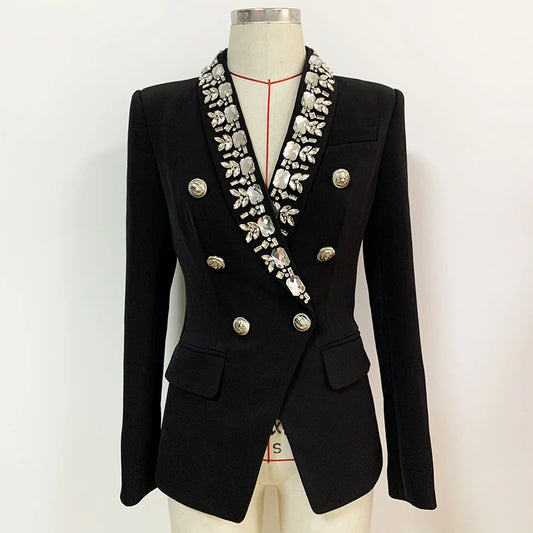 HIGH QUALITY Newest 2025 Fashion Designer Jacket Women's Diamonds Strass Beading Double Breasted Shawl Collar Blazer