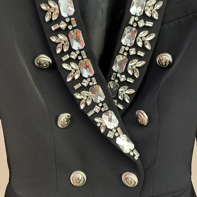 HIGH QUALITY Newest 2025 Fashion Designer Jacket Women's Diamonds Strass Beading Double Breasted Shawl Collar Blazer