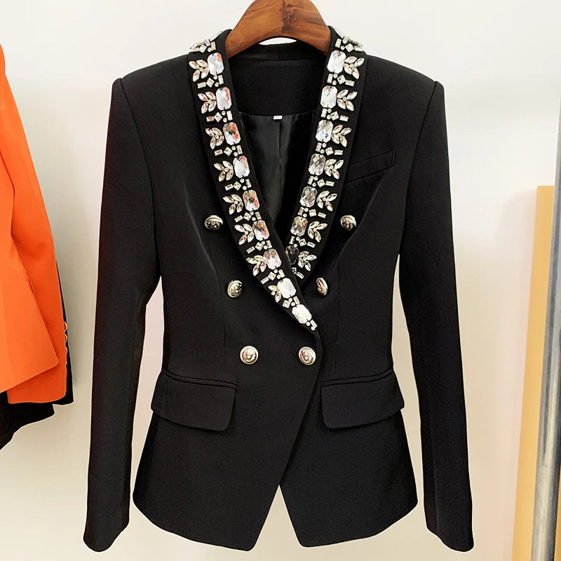 HIGH QUALITY Newest 2025 Fashion Designer Jacket Women's Diamonds Strass Beading Double Breasted Shawl Collar Blazer
