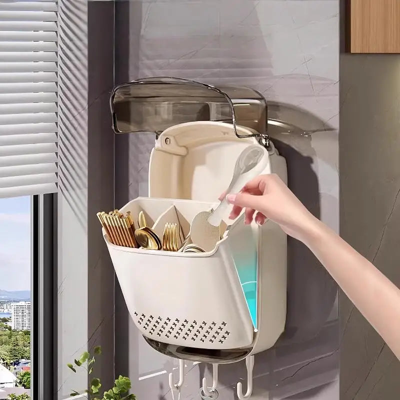 ㉤Kitchen Utensil Organizer Wall Mounted Cutlery Holder Kitchen Wall-mounted Shelf Organizer With Dustproof Cover For Tableware