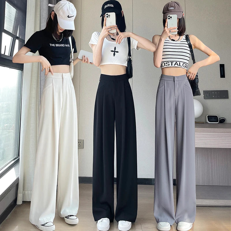 New Ice Silk Thin Straight Leg Suit Pants Women's Summer White Narrow Version XS1452025 High Waist Wide Leg Cotton Blend
