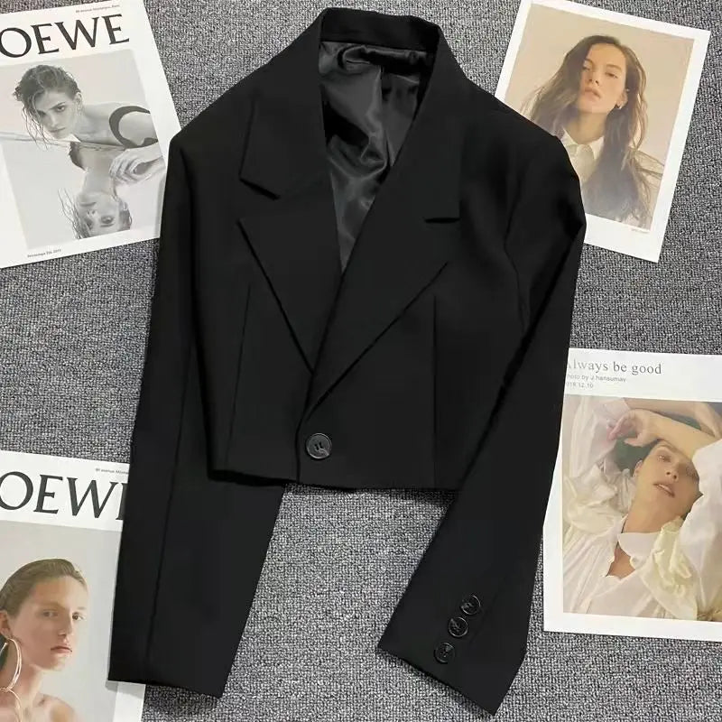 All-match Cropped Blazer Woman 2026 New Solid Color Single Button Suit Coat Women Korean Chic Notched Collar Long Sleeve Blazers