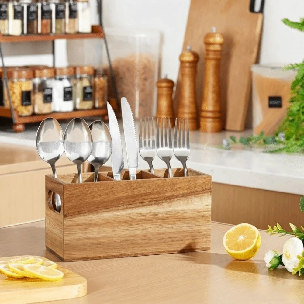 Kitchen Tools Wooden Utensil Organizer 3 Compartment Space Saving Storage Rack Durable Rustic Cutlery Holder Kitchen