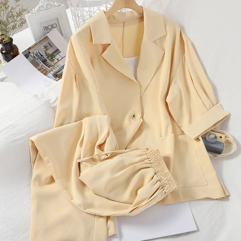 Sexy White Strap Casual Jacket Blazer Lace Up Wide Leg Pants Three Piece Elegant Women's Pants Set Summer Outfits