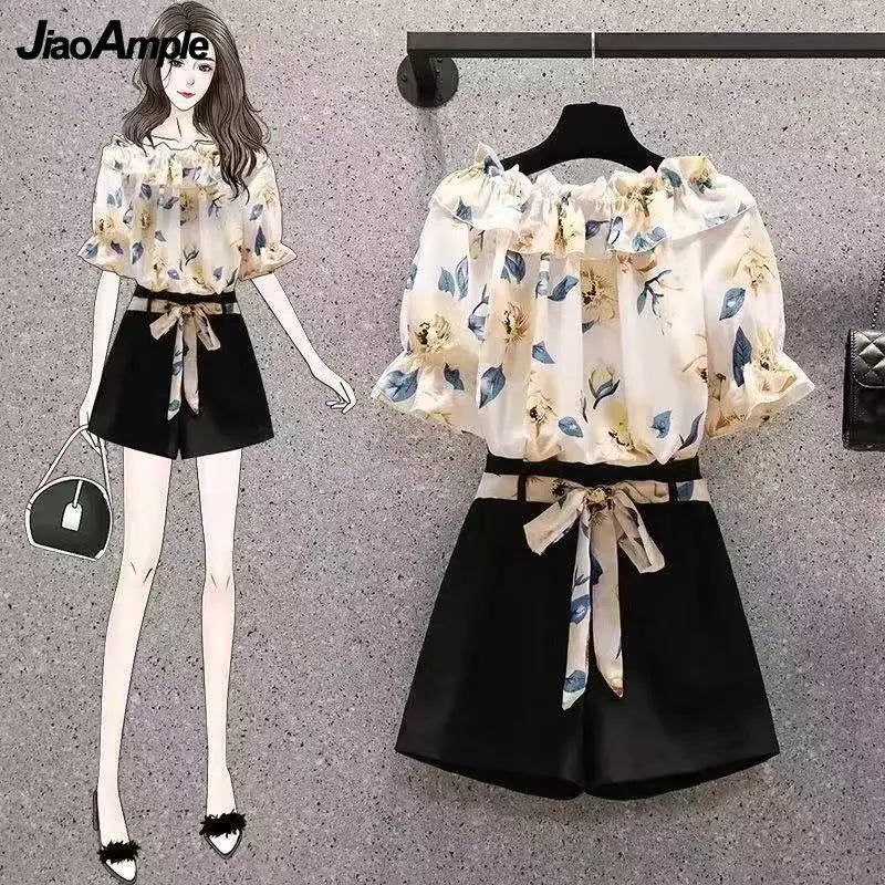Women's Summer Shorts Suit 2026 New Casual Printed Shirt Top Pants Two Piece Korean Fashion Elegant Short Sleeve Blouse Set