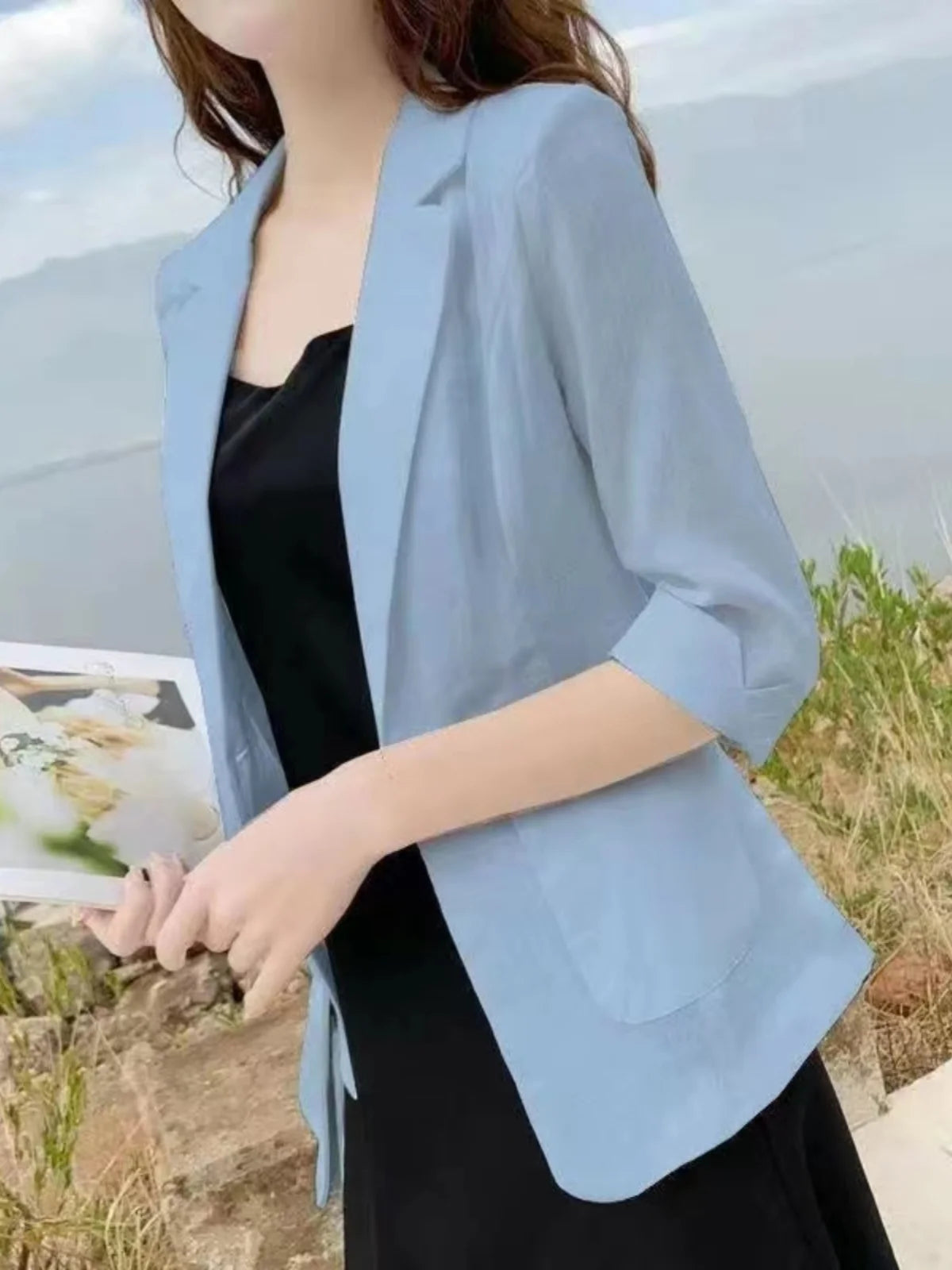 Summer New Sle Women's Linen Suit Jaet Thin Seven-Quarter Sve Drapey Fit Formal Wear Casual Commute Pure Color