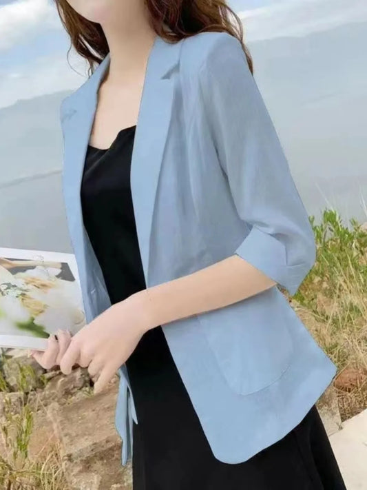 Summer New Sle Women's Linen Suit Jaet Thin Seven-Quarter Sve Drapey Fit Formal Wear Casual Commute Pure Color