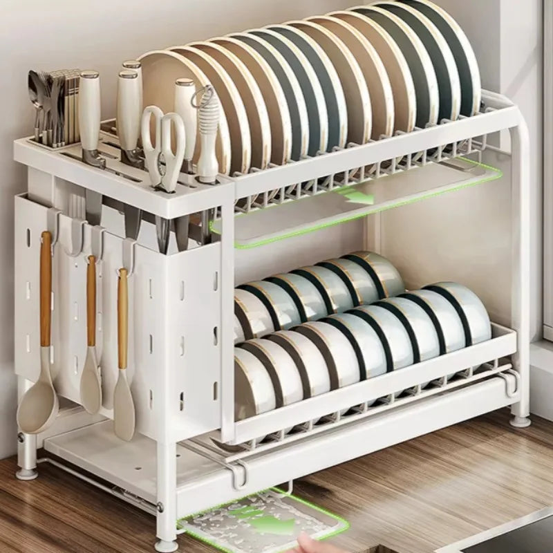 Kitchen Dish Cutlery Organizer - Multi-Function Hole Panel Storage Rack with Draining Tray Space-Saving Countertop Design