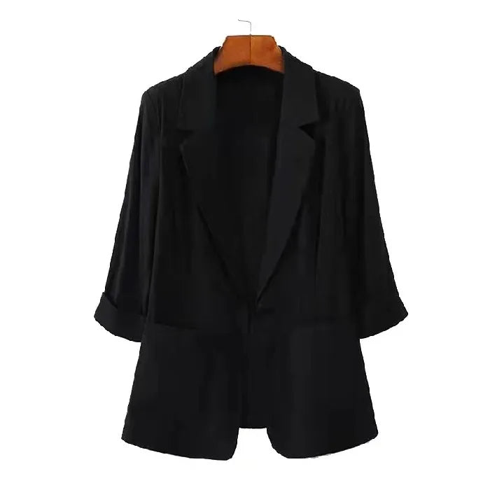 Summer New Sle Women's Linen Suit Jaet Thin Seven-Quarter Sve Drapey Fit Formal Wear Casual Commute Pure Color