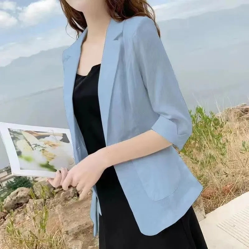 Summer New Sle Women's Linen Suit Jaet Thin Seven-Quarter Sve Drapey Fit Formal Wear Casual Commute Pure Color