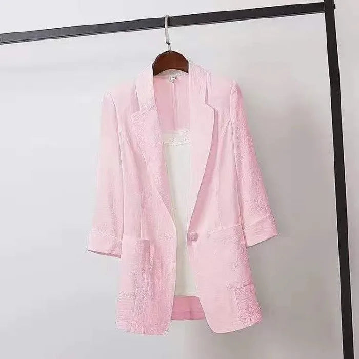 Summer New Sle Women's Linen Suit Jaet Thin Seven-Quarter Sve Drapey Fit Formal Wear Casual Commute Pure Color