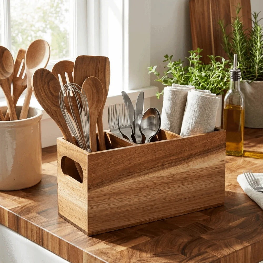 Kitchen Tools Wooden Utensil Organizer Space Saving 3 Compartment Cutlery Holder Rustic Durable Storage Rack Kitchen