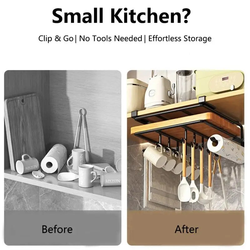 Kitchen Under Cabinet Hanging Organizer Rack with Hooks Multi Purpose Holder for Paper Towel Cutting Board Pot Lids