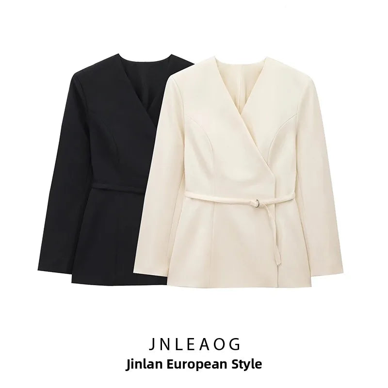 Casual Wrap Style Belted Women's Suit JNLEAOG Autumn New Fashion Design Polyester Long Sleeve V-Neck Mid-Length Single-Breasted