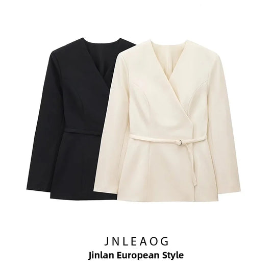 Casual Wrap Style Belted Women's Suit JNLEAOG Autumn New Fashion Design Polyester Long Sleeve V-Neck Mid-Length Single-Breasted