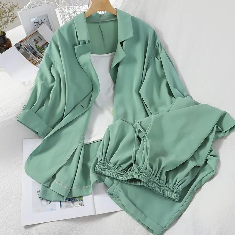 Sexy White Strap Casual Jacket Blazer Lace Up Wide Leg Pants Three Piece Elegant Women's Pants Set Summer Outfits
