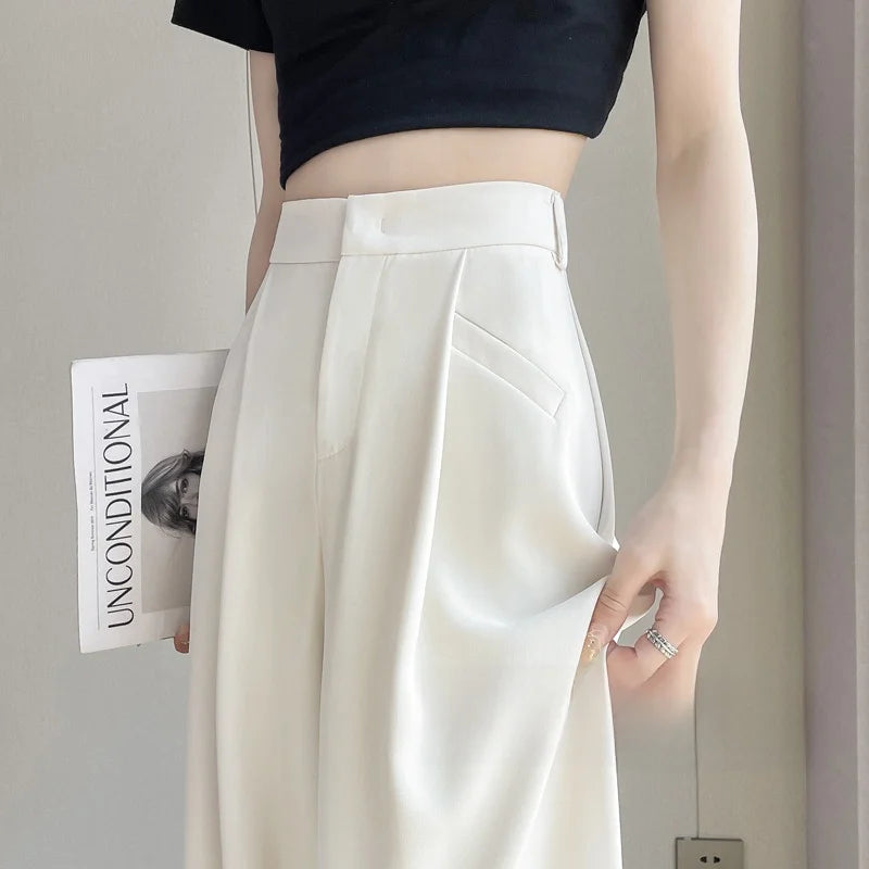 New Ice Silk Thin Straight Leg Suit Pants Women's Summer White Narrow Version XS1452025 High Waist Wide Leg Cotton Blend