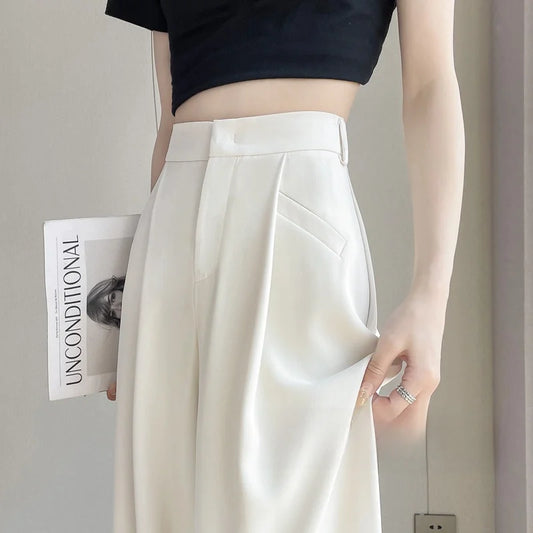 New Ice Silk Thin Straight Leg Suit Pants Women's Summer White Narrow Version XS1452025 High Waist Wide Leg Cotton Blend