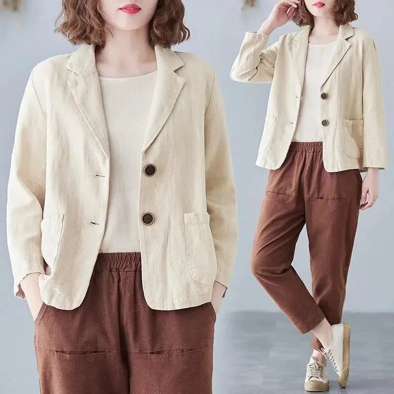 Cotton Linen Jacket Small Suit Loose Casual Long Sleeve Women's Fashionable Sun Protection Spring Summer New Arrival