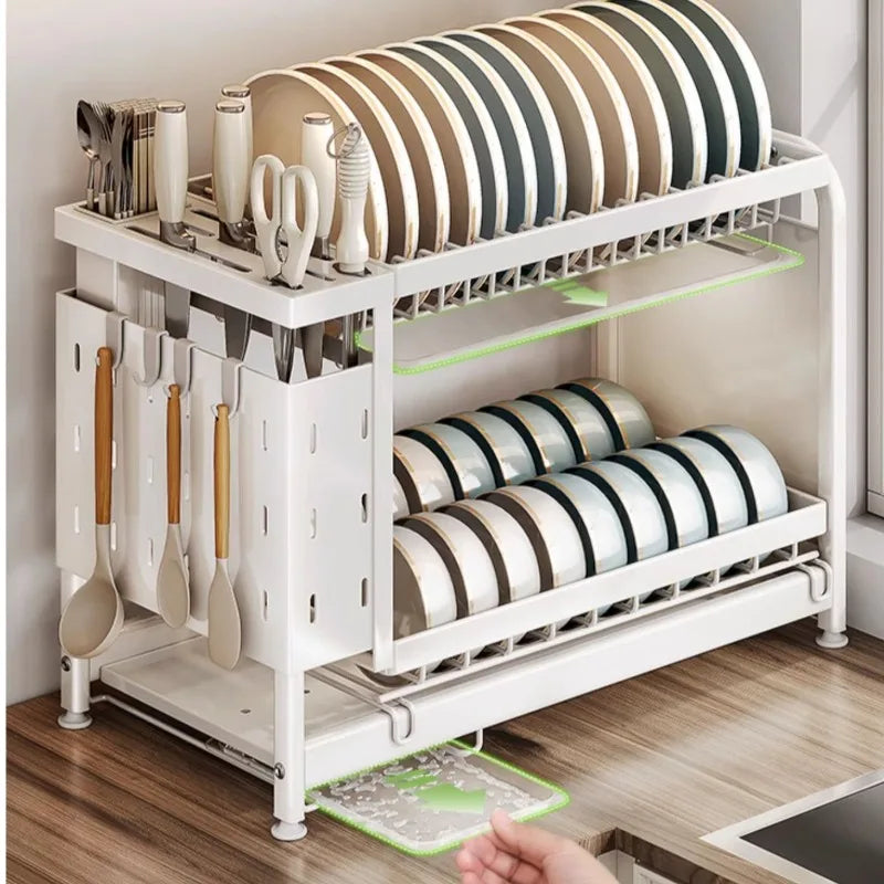Kitchen Dish Cutlery Organizer - Multi-Function Hole Panel Storage Rack with Draining Tray Space-Saving Countertop Design