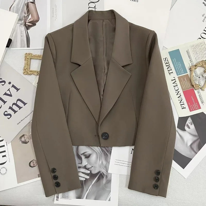 All-match Cropped Blazer Woman 2026 New Solid Color Single Button Suit Coat Women Korean Chic Notched Collar Long Sleeve Blazers