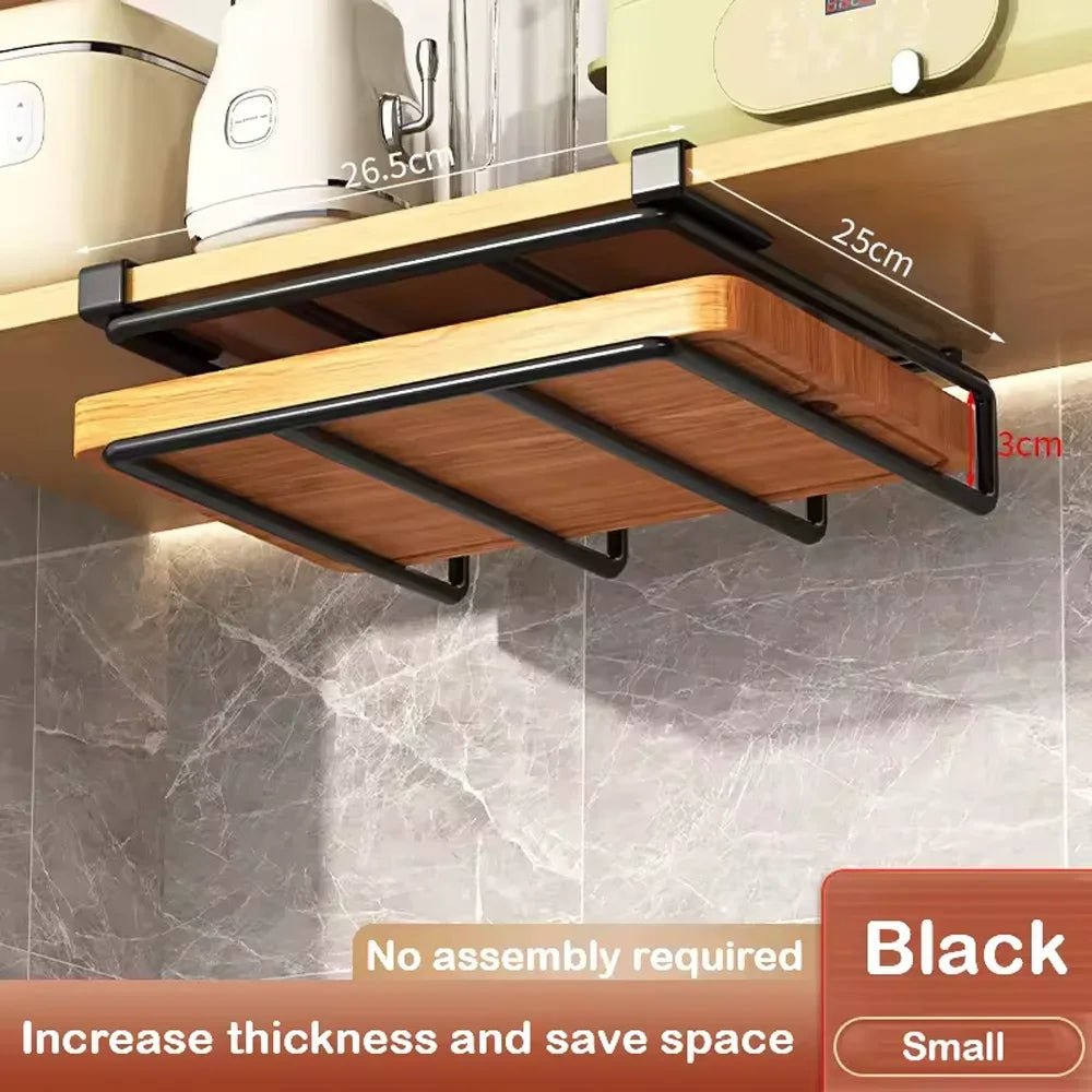 Kitchen Under Cabinet Hanging Organizer Rack with Hooks Multi Purpose Holder for Paper Towel Cutting Board Pot Lids