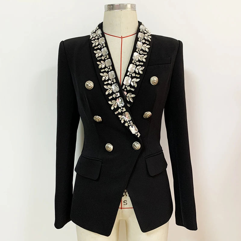 HIGH QUALITY Newest 2025 Fashion Designer Jacket Women's Diamonds Strass Beading Double Breasted Shawl Collar Blazer