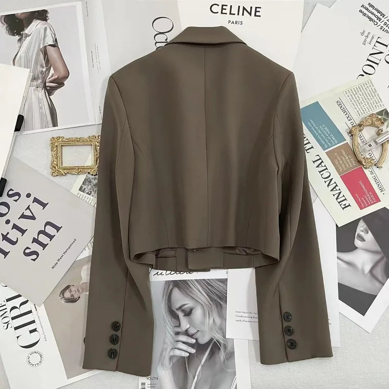 All-match Cropped Blazer Woman 2026 New Solid Color Single Button Suit Coat Women Korean Chic Notched Collar Long Sleeve Blazers