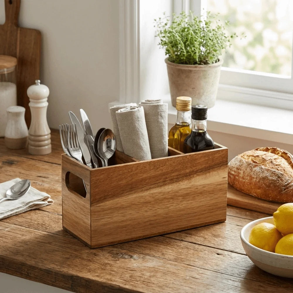 Kitchen Tools Wooden Utensil Organizer 3 Compartment Space Saving Storage Rack Durable Rustic Cutlery Holder Kitchen