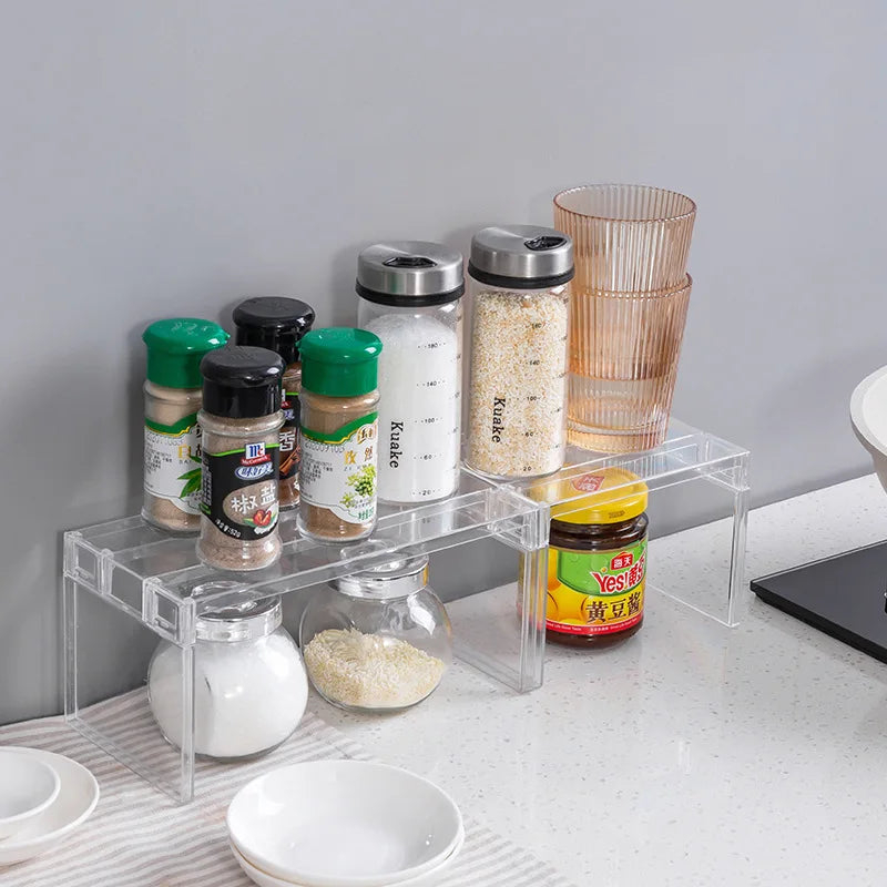 [Kitchen Storage] Clear Expandable Cabinet Organizer, Spice & Dish Divider, Multi-Scene Use For Kitchen & Bathroom