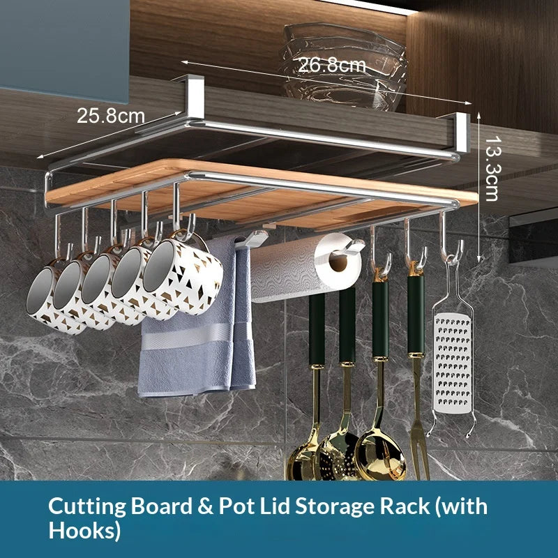 Kitchen Under Cabinet Hanging Organizer Rack with Hooks Multi Purpose Holder for Paper Towel Cutting Board Pot Lids