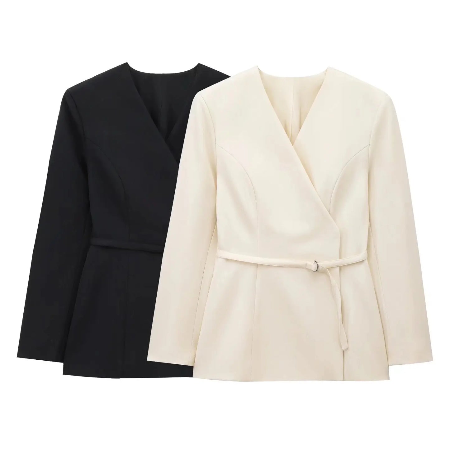 Casual Wrap Style Belted Women's Suit JNLEAOG Autumn New Fashion Design Polyester Long Sleeve V-Neck Mid-Length Single-Breasted