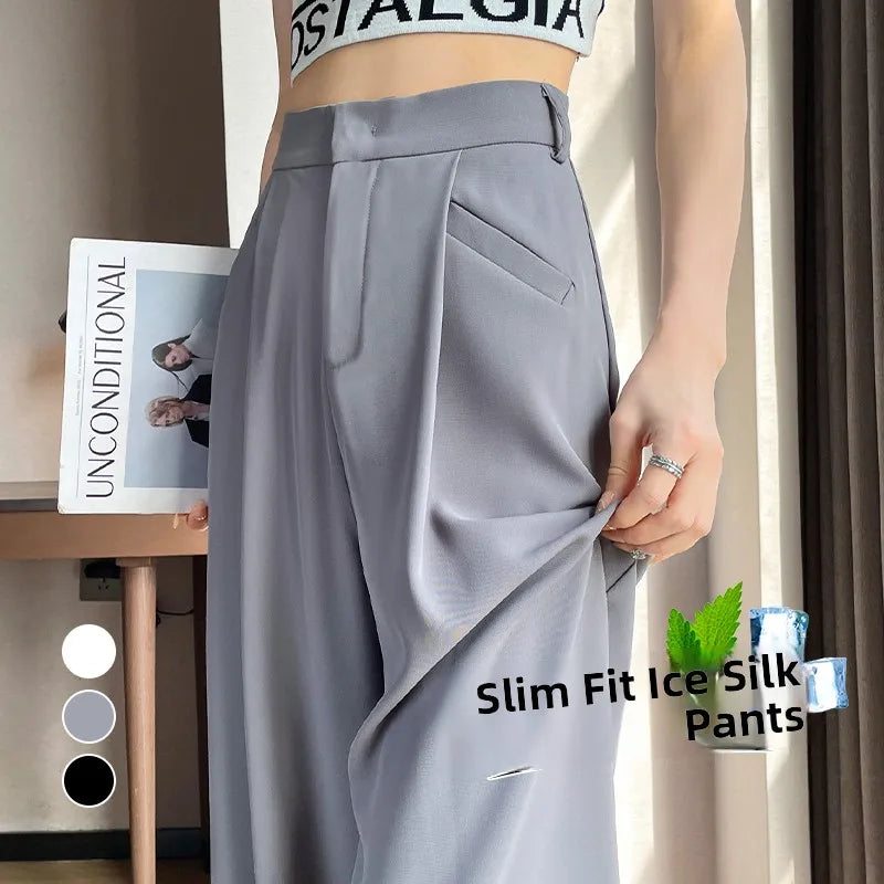New Ice Silk Thin Straight Leg Suit Pants Women's Summer White Narrow Version XS1452025 High Waist Wide Leg Cotton Blend