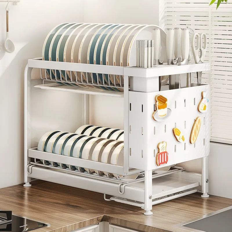 Kitchen Dish Cutlery Organizer - Multi-Function Hole Panel Storage Rack with Draining Tray Space-Saving Countertop Design