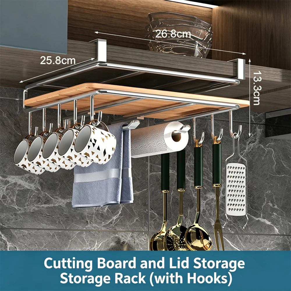 Kitchen Hanging Organizer Rack with Hooks Under Cupboard Paper Towel Rags Hanger Cutting Board Pot Cover Holder Storage Shelf