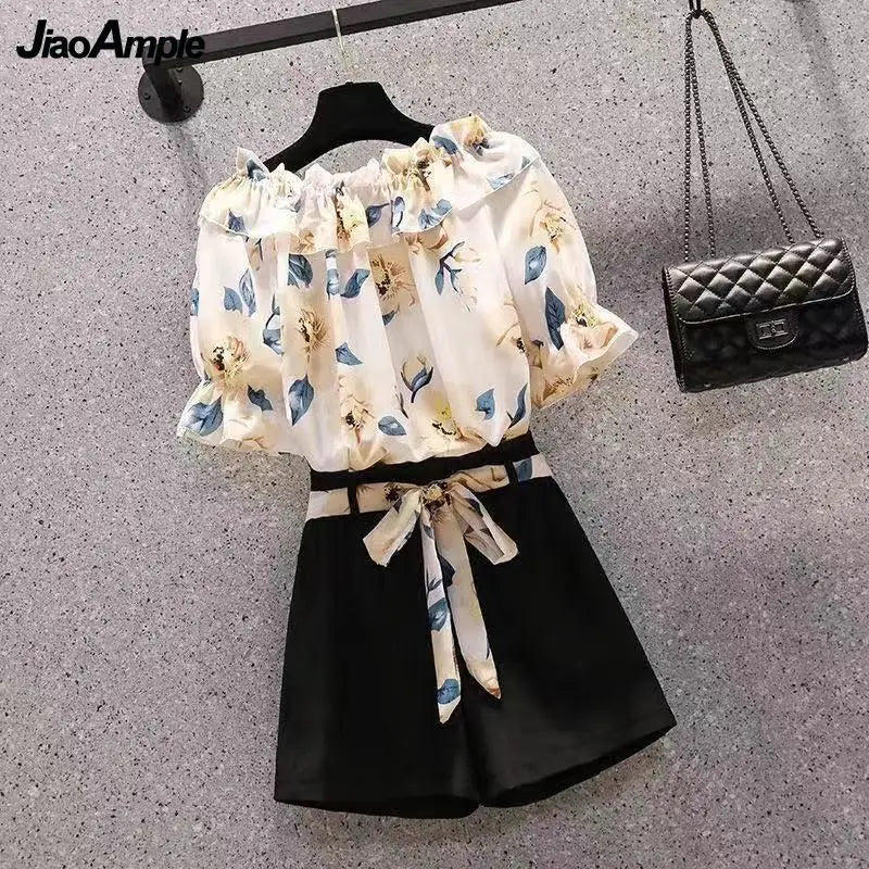 Women's Summer Shorts Suit 2026 New Casual Printed Shirt Top Pants Two Piece Korean Fashion Elegant Short Sleeve Blouse Set