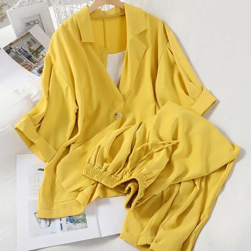 Sexy White Strap Casual Jacket Blazer Lace Up Wide Leg Pants Three Piece Elegant Women's Pants Set Summer Outfits