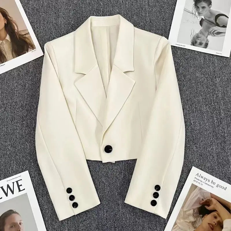 All-match Cropped Blazer Woman 2026 New Solid Color Single Button Suit Coat Women Korean Chic Notched Collar Long Sleeve Blazers