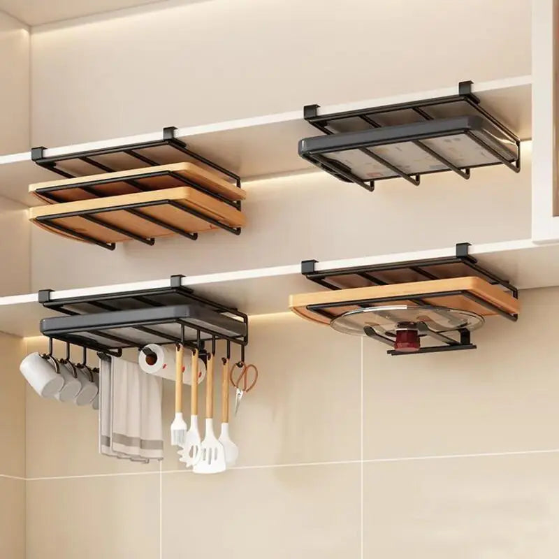 Kitchen Under Cabinet Hanging Organizer Rack with Hooks Multi Purpose Holder for Paper Towel Cutting Board Pot Lids