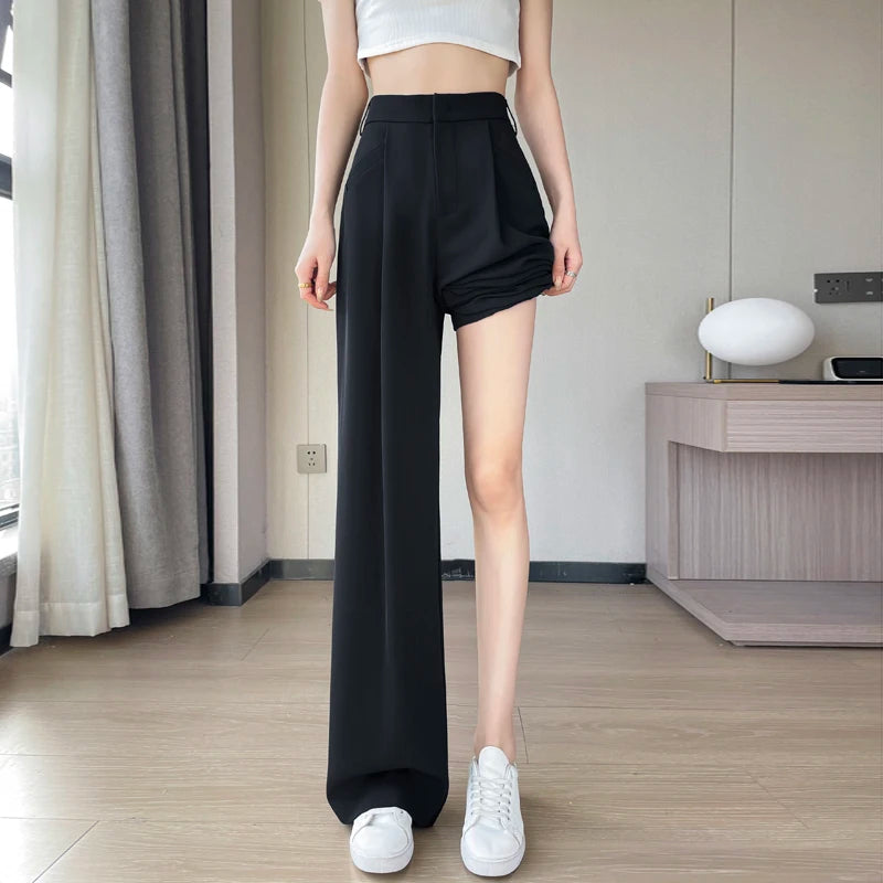 New Ice Silk Thin Straight Leg Suit Pants Women's Summer White Narrow Version XS1452025 High Waist Wide Leg Cotton Blend