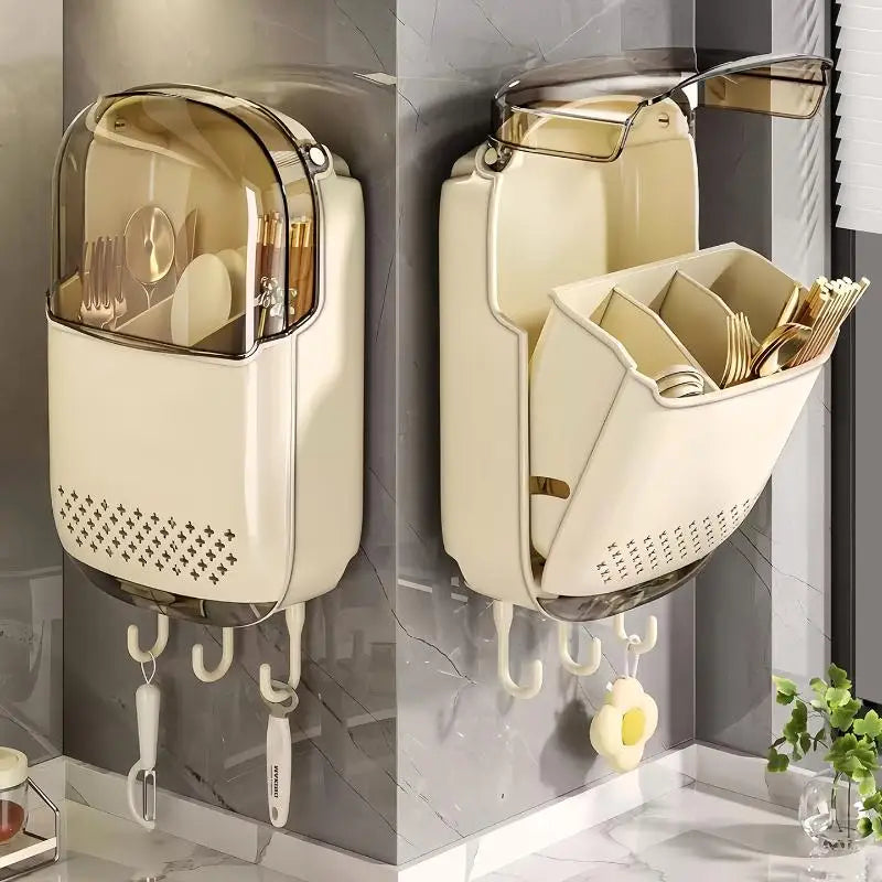 ㉤Kitchen Utensil Organizer Wall Mounted Cutlery Holder Kitchen Wall-mounted Shelf Organizer With Dustproof Cover For Tableware