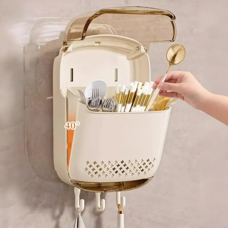 ㉤Kitchen Utensil Organizer Wall Mounted Cutlery Holder Kitchen Wall-mounted Shelf Organizer With Dustproof Cover For Tableware