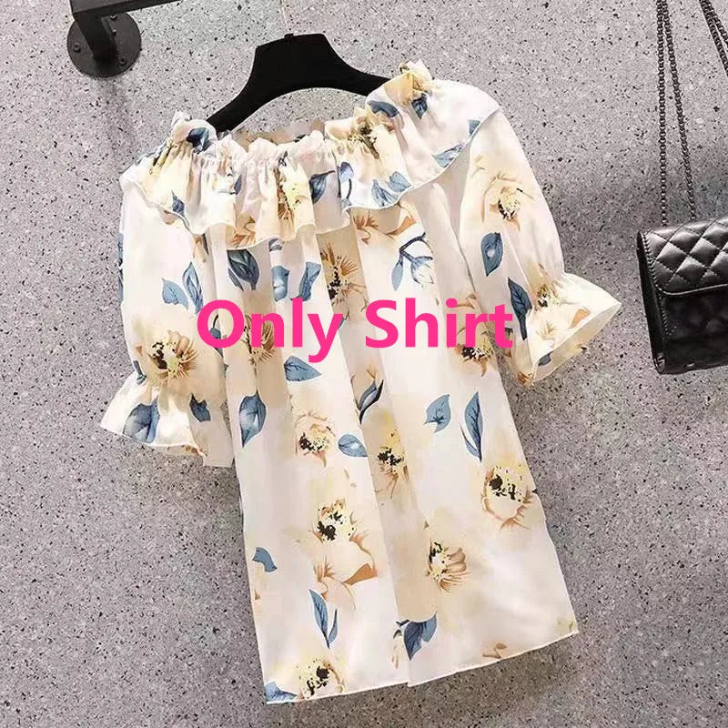 Women's Summer Shorts Suit 2026 New Casual Printed Shirt Top Pants Two Piece Korean Fashion Elegant Short Sleeve Blouse Set